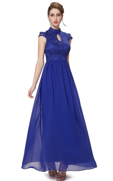 Cap-sleeved A-line Chiffon Dress With Lace Bodice