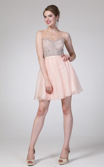 A-Line Short Scoop-Neck Sleeveless Chiffon Illusion Dress With Beading