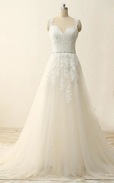 A-Line Tea-Length Straps Sweetheart V-Neck Sleeveless Beading Appliques Sweep Train Straps Tulle Lace Sequins Satin Dress