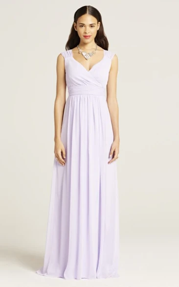 Elegant Long-Chiffon V-Neck Cap-Sleeved Dress