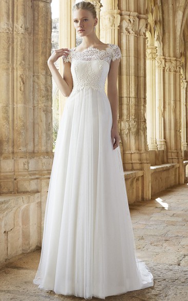 A-Line Cap Sleeve Empire Bateau Neck Lace Tulle Wedding Dress