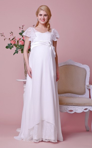 Graceful Scoop Neck Empire A-line Long Dress With Lace Bodice