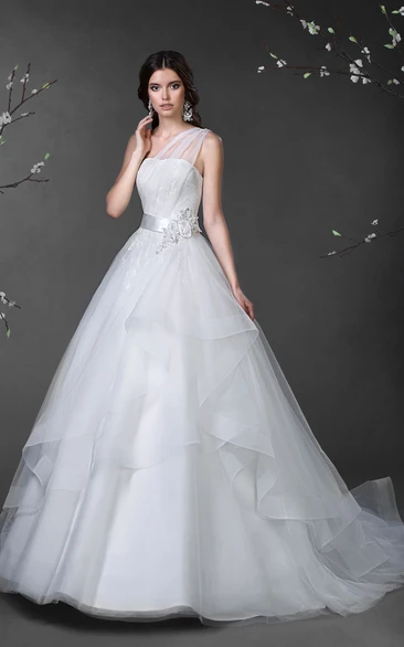 Ball Gown Long One-Shoulder Sleeveless Lace-Up Tulle Satin Dress With Draping And Tiers