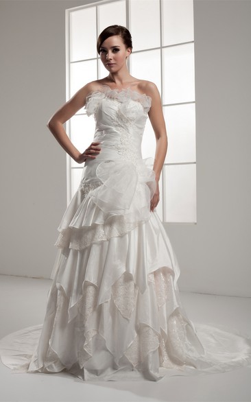 Strapless A-Line Ruched Cascading Ruffles and Dress With Lace