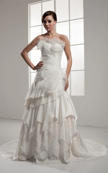 Strapless A-Line Ruched Cascading Ruffles and Dress With Lace