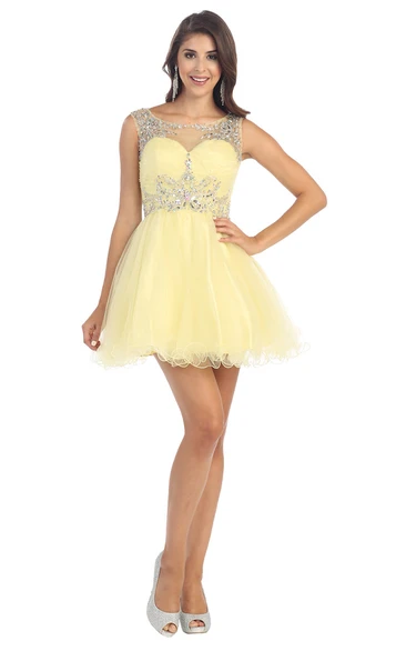 A-Line Short Bateau Sleeveless Tulle Keyhole Dress With Ruffles And Beading