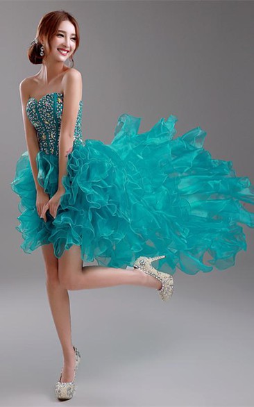 Sexy Ruffles Crystals Hi-Lo Prom Dress Sweep Train Sweetheart