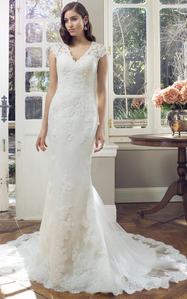 Sheath Cap-Sleeve V-Neck Lace Wedding Dress With Illusion