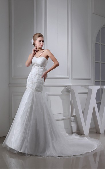 Spaghetti-Straps Mermaid Tulle Ruched Dress With Appliques
