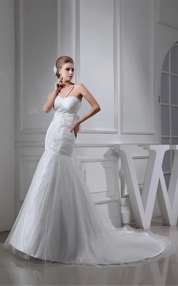 Spaghetti-Straps Mermaid Tulle Ruched Dress With Appliques
