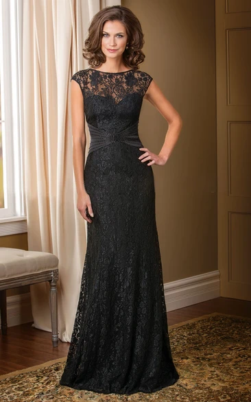 Cap-Sleeved Long Lace Mother Of The Bride Dress With Beadings And V-Back