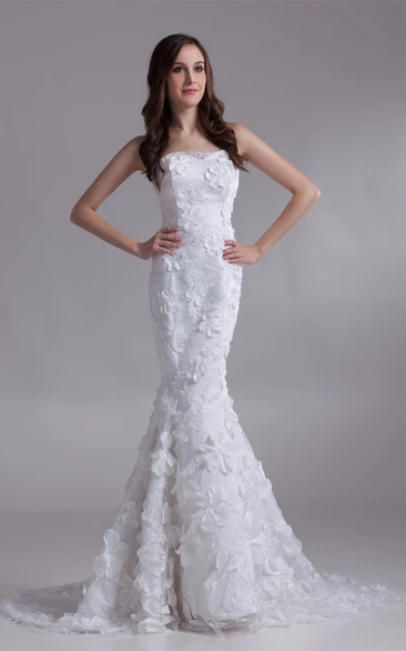 Impressive Strapless Satin Appliqued Trumpet Sleeveless Wedding Dresses
