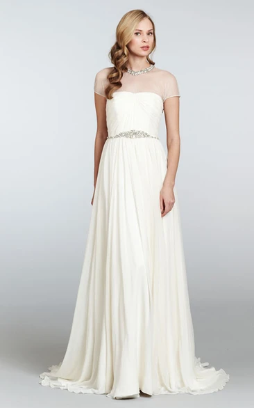 Graceful Draped Bodice Sheath Dress With Illusion Neckline and Beaded Belt