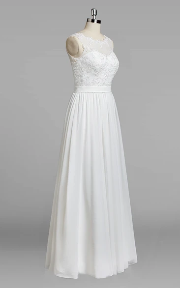 Jewel Neck Sleeveless A-Line Chiffon Skirt Lace Bodice Wedding Dress