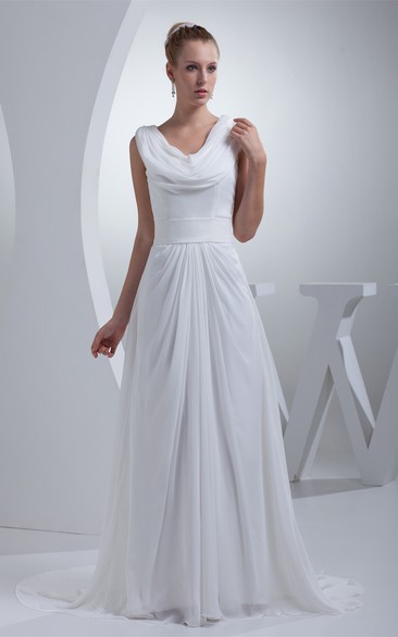 Capped Sleeve Ruffled Cowl Neck Dress With Pleat and Waistband