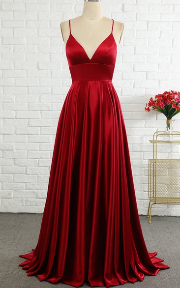 Sexy A Line Satin Brush Train Sleeveless Open Back Evening Dress with Pleats