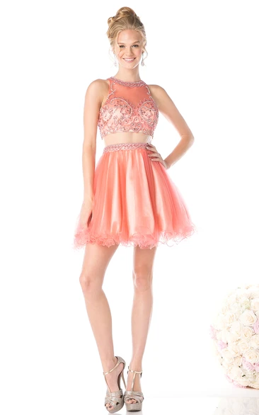 A-Line Jewel-Neck Sleeveless Keyhole Dress With Ruffles And Beading