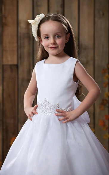 Square-Neck Beaded A-Line Flower Girl Dress With Bowknot