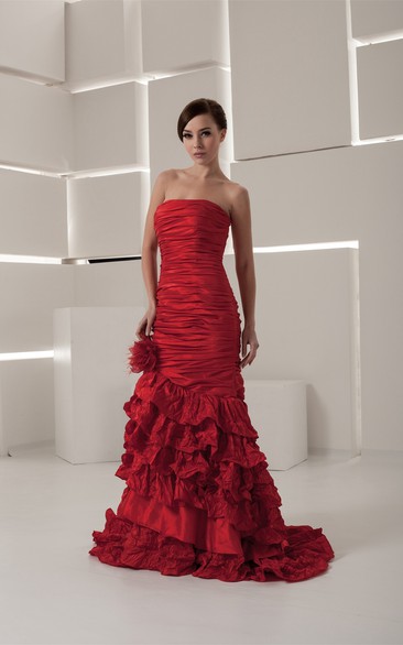 Strapless Tiered Column Ruched Bodice and Dress With Flower