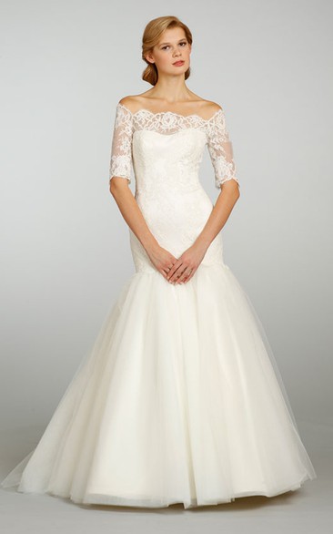 Classic Off the Shoulder Tulle Ball Gown With 3-4 Lace Sleeve