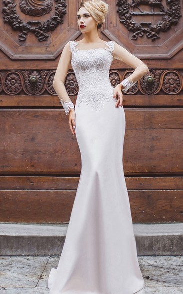 Mermaid Floor-Length Bateau Long Sleeve Satin Appliques Beading Lace-Up Dress