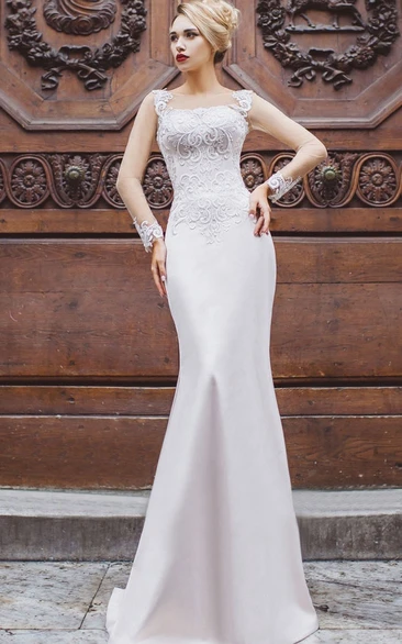 Mermaid Floor-Length Bateau Long Sleeve Satin Appliques Beading Lace-Up Dress