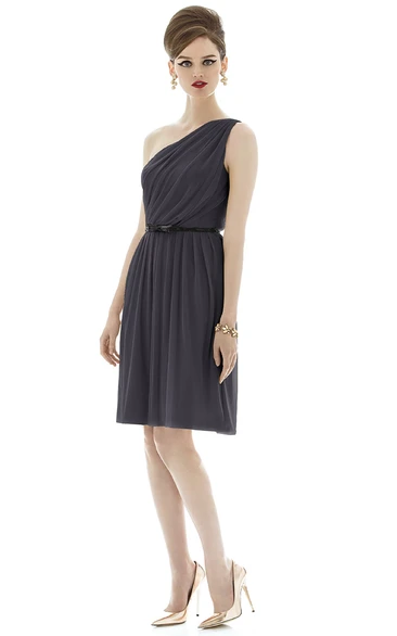 Refined Mini Sleeveless Ruched A-Line Chiffon Dress with One Shoulder and Bow Sash