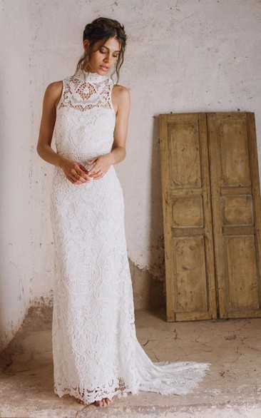 Boho Lace Sheath High Neck Wedding Dress with Keyhole Back