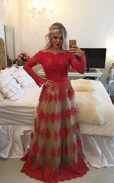 Modern Off-the-shoulder Red Prom Dress Lace Long Sleeve