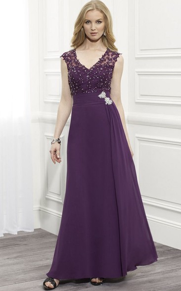 V-Neck Cap Sleeve Chiffon Formal Dress With Beading And Illusion Back