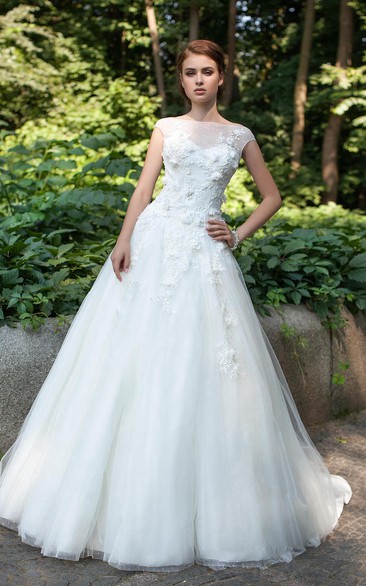 Ball Gown Maxi Bateau Cap-Sleeve Deep-V-Back Tulle Dress With Appliques And Flower