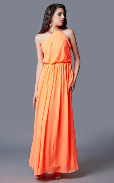 Sleeveless Jewel Neck Pleated Long Chiffon Dress With Cut-out