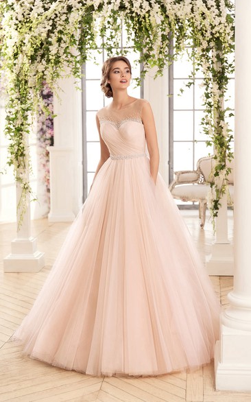 Ball Gown Floor-Length Scoop Sleeveless Keyhole Tulle Dress With Criss Cross And Beading