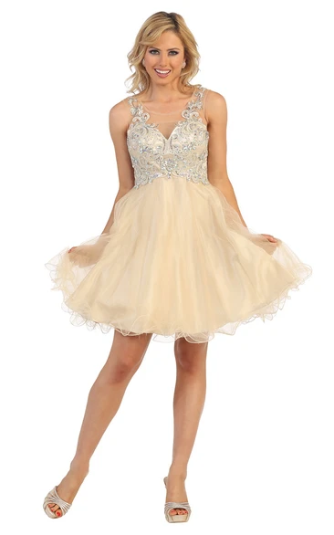 A-Line Short Bateau Empire Tulle Illusion Dress With Beading And Appliques