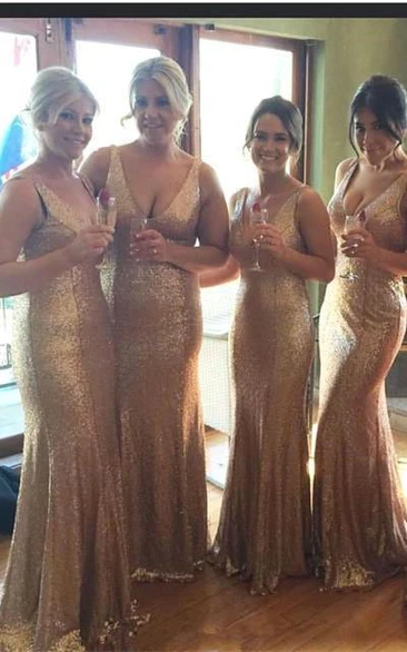 Stunnning V-Neck Sequins Gold Bridesmaid Dresses Plus Size Long Floor Length