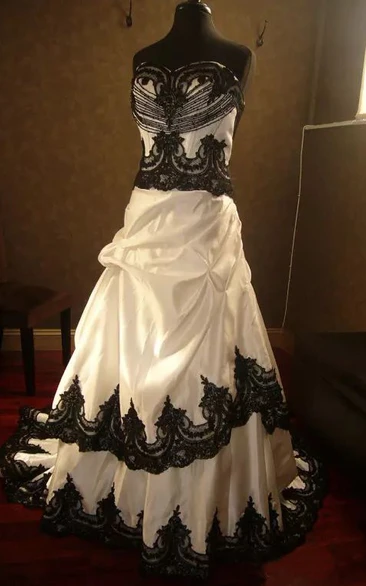 A-Line Taffeta Lace Straps Sleeveless Chapel Train Wedding Dress with Ruffles and Tiers