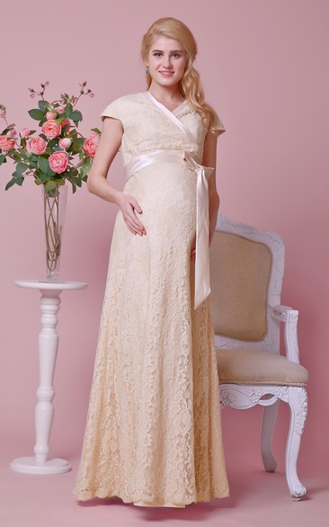 Graceful V-neck Cap-sleeved Lace Long Dress With Sash