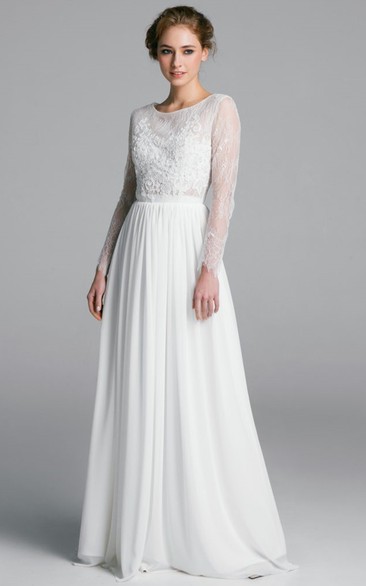 Bohemian A Line Chiffon and Lace Bateau Wedding Dress with Ruching