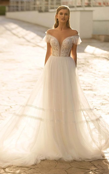 Bohemian A Line Lace V-neck Court Train Wedding Dress with Appliques