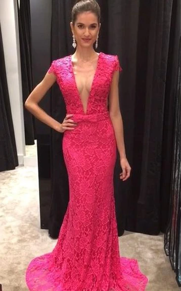 Sexy Fuchsia Deep V-Neck Prom Dresses Cap Sleeve Lace Floor Length
