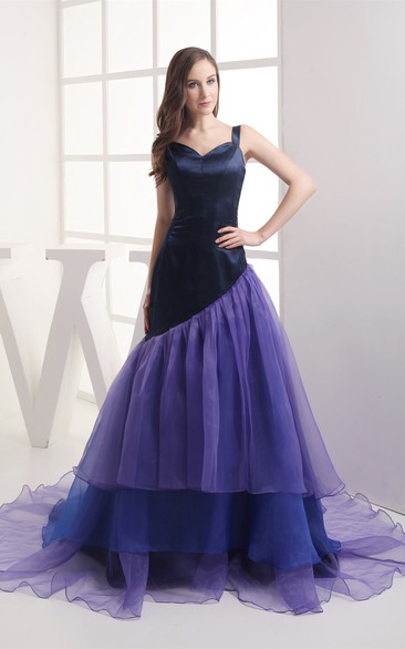 Mute-Color A-Line Pleated Gown With Tiers