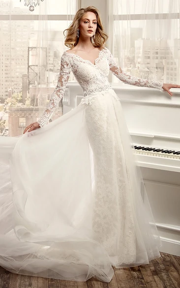 Long-Sleeve V-Neck Wedding Dress With Low-V Back And Beaded Waistline