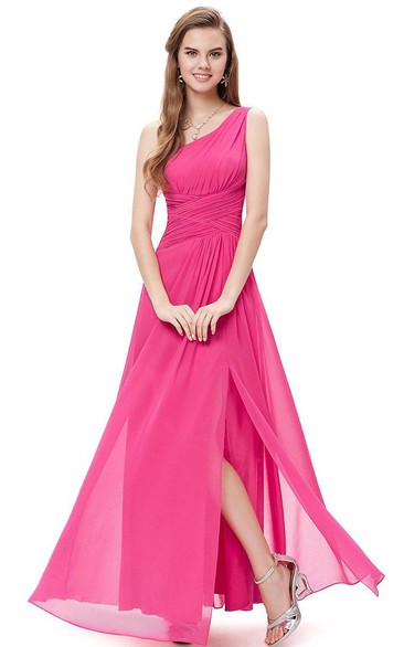 One-shoulder Ruched Chiffon Dress With Side Slit