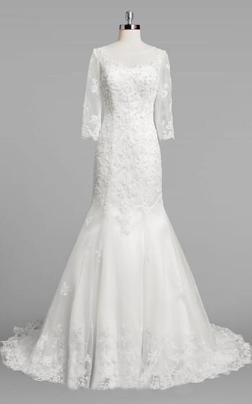 Bateau Neck 3-4 Sleeve Mermaid Lace Wedding Dress With Beading